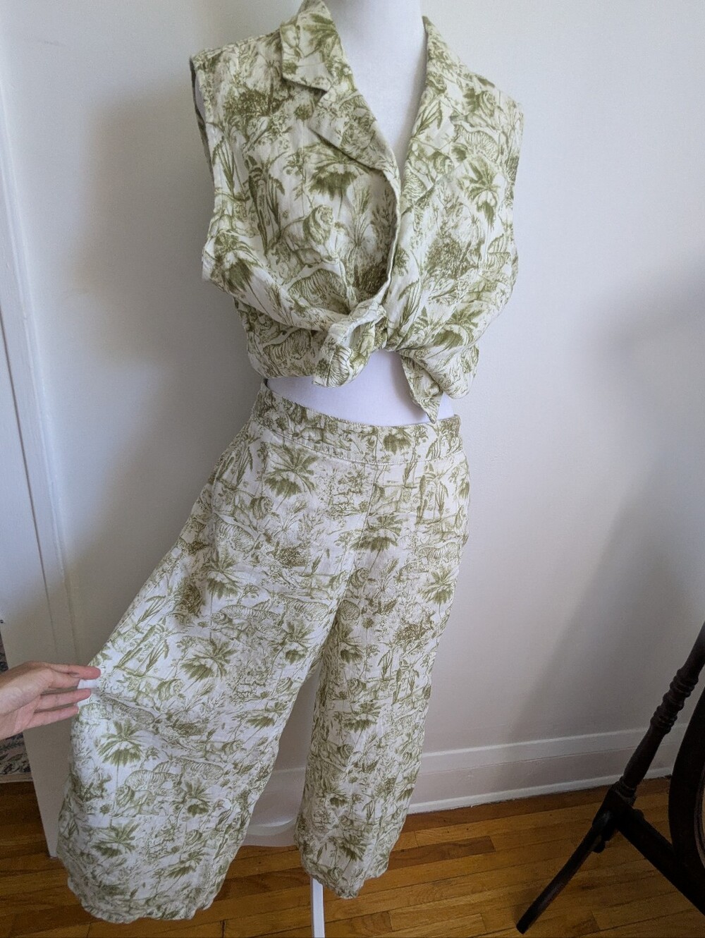 Rachel Zoe Tropical Linen 2 Pc Set Green Safari Jungle Print M Boho Resortwear